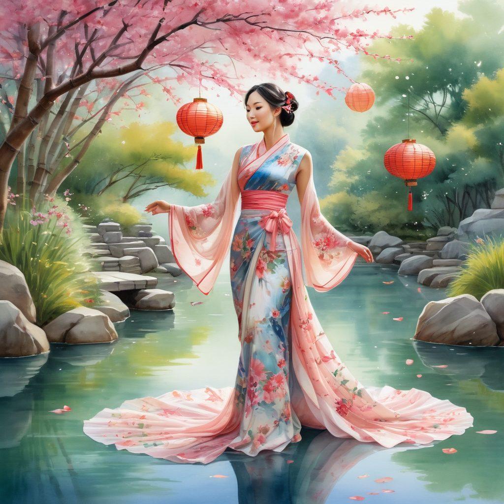 A captivating illustration featuring a graceful Asian woman in an elegant flowing dress adorned with colorful floral patterns, surrounded by playful elements like traditional paper lanterns and whimsical cherry blossom petals dancing in the air. The background showcases a serene garden with water features and bamboo, evoking a sense of tranquility and joy. The color palette should be vibrant and harmonious, highlighting the beauty of Asian styles. super-realistic. vibrant colors. watercolor.