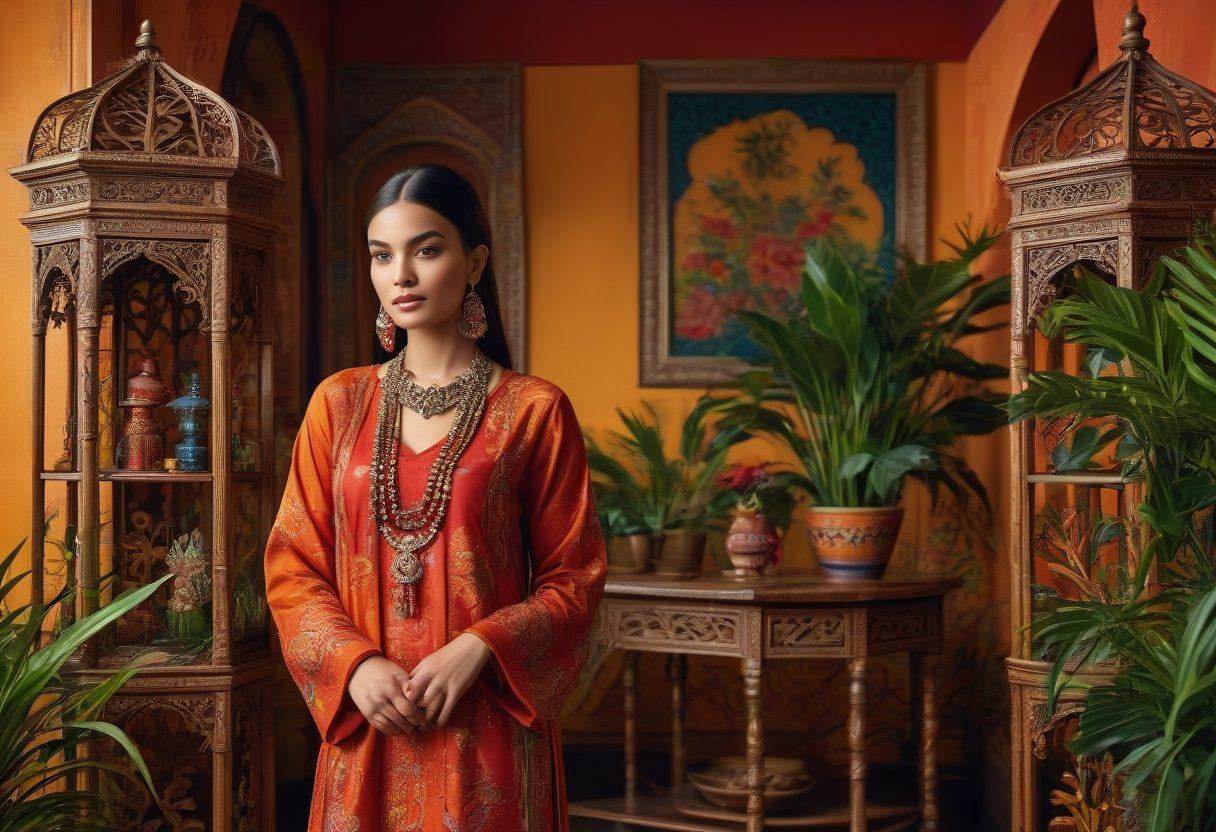 A stunning display of ethnic fashion outfits hanging on ornate wooden racks, showcasing intricate patterns and vibrant colors, surrounded by exotic plants and soft lighting. In the foreground, a beautifully adorned model poses gracefully, highlighting elegant jewelry and rich fabrics. The backdrop features an eclectic blend of traditional and modern decor elements. super-realistic. vibrant colors. soft lighting.