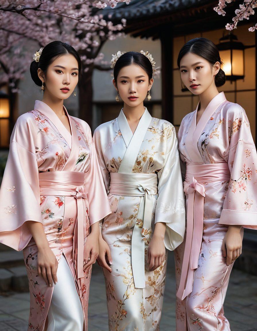 A harmonious blend of traditional and modern Asian fashion, showcasing diverse models dressed in elegant silk kimonos, chic cheongsams, and contemporary streetwear. Surround them with blooming cherry blossoms and shimmering lanterns, symbolizing the allure of Asian beauty. Incorporate delicate makeup details, sparkling accessories, and colorful fabric patterns to highlight cultural richness. Soft, warm lighting enhances the enchanting atmosphere. super-realistic. vibrant colors. white background.